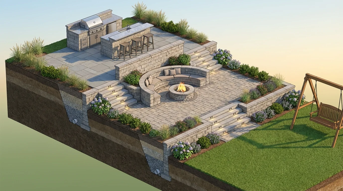 Isometric cutaway of a three-tier patio on a sloped yard with retaining walls, steps, drainage, and zones