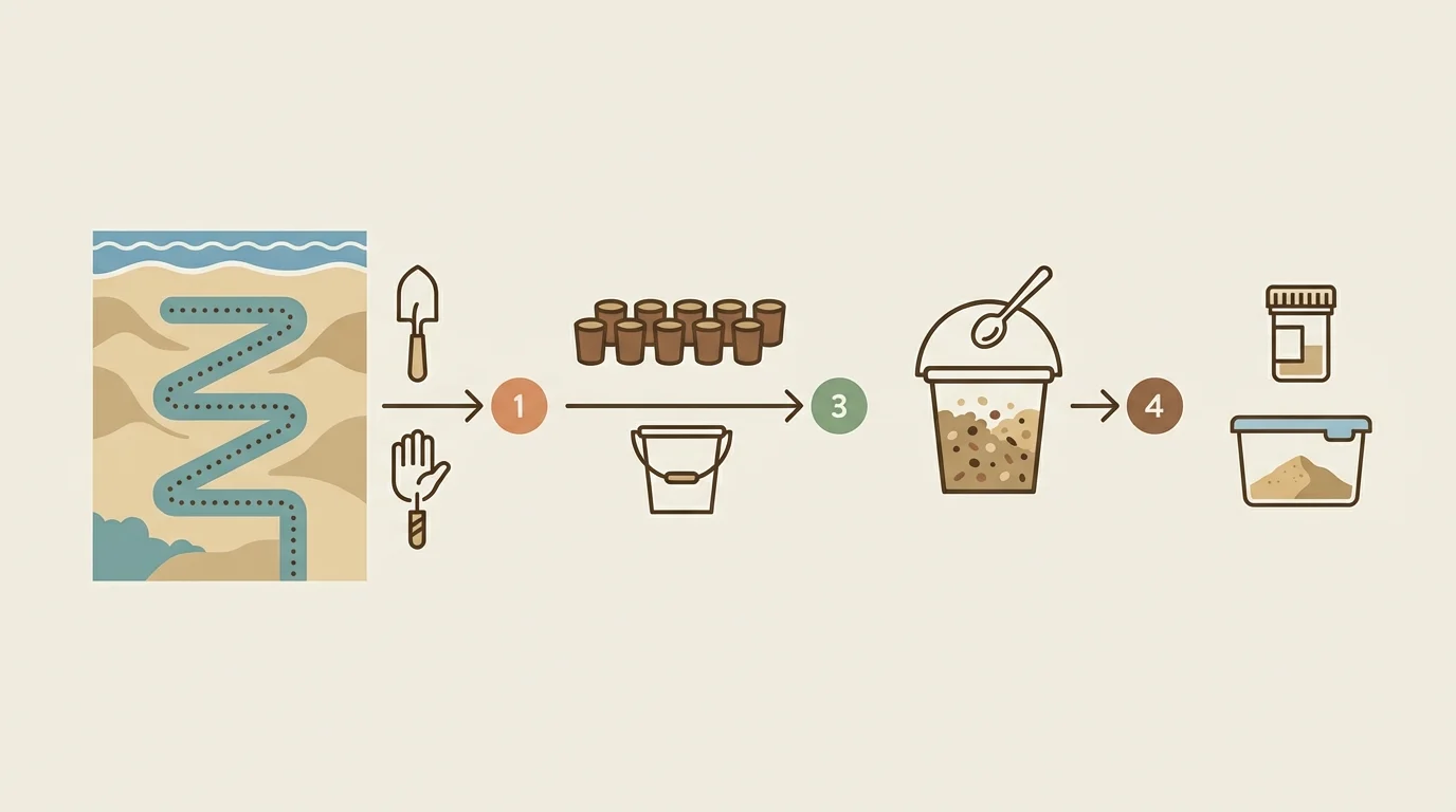 Diagram-style visual of coastal soil sampling steps: zig-zag collection, mixing subsamples, and preparing a lab sample