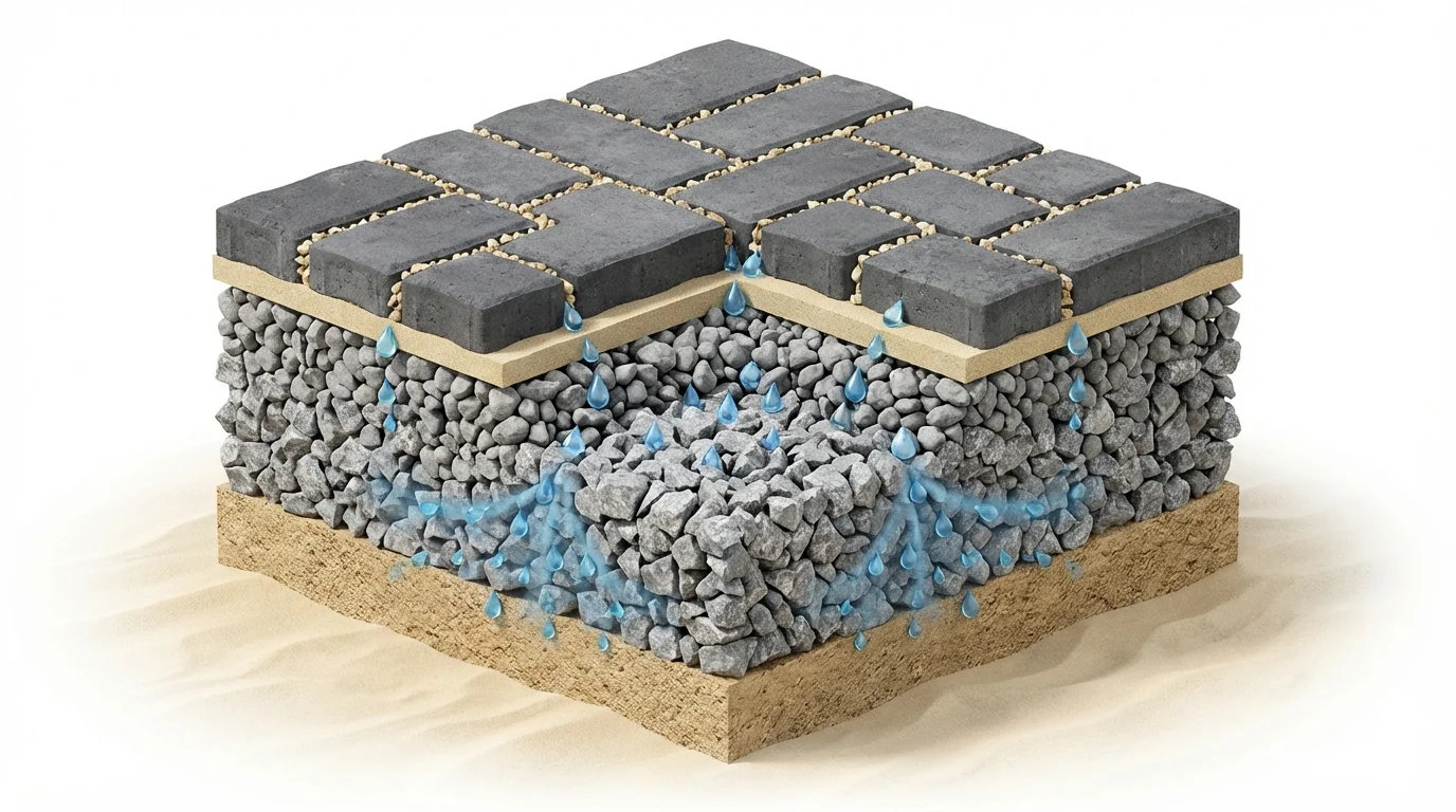 Cutaway view of permeable paver patio layers showing water infiltration through pavers into gravel base for drainage