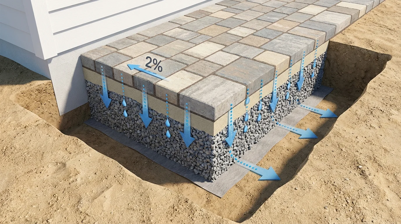 Cutaway diagram of coastal paver foundation layers with geotextile, compacted gravel base, slope, and drainage flow.