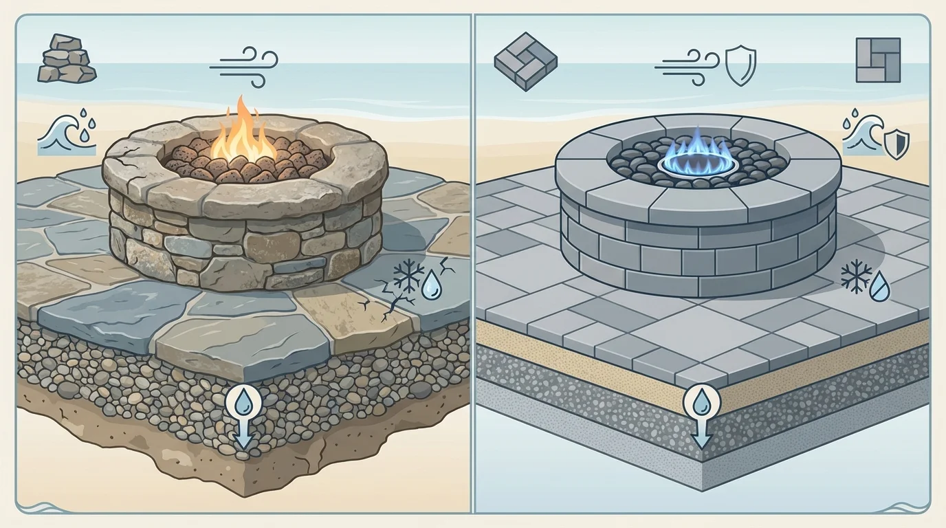Split visual comparing natural stone fire pit vs paver patio fire pit with drainage base and coastal durability cues