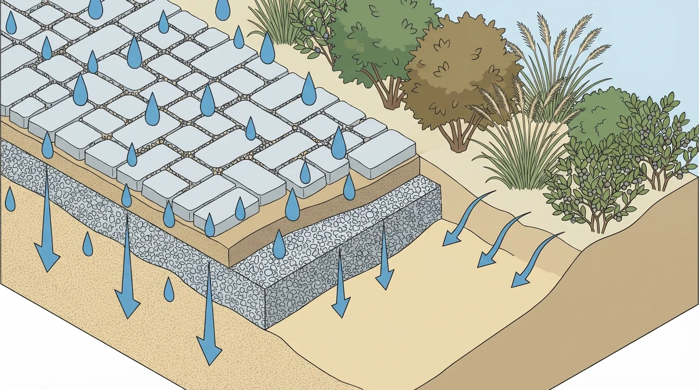 Cutaway view of permeable paver walkway layers with native plant border showing drainage and erosion control for Cape Cod