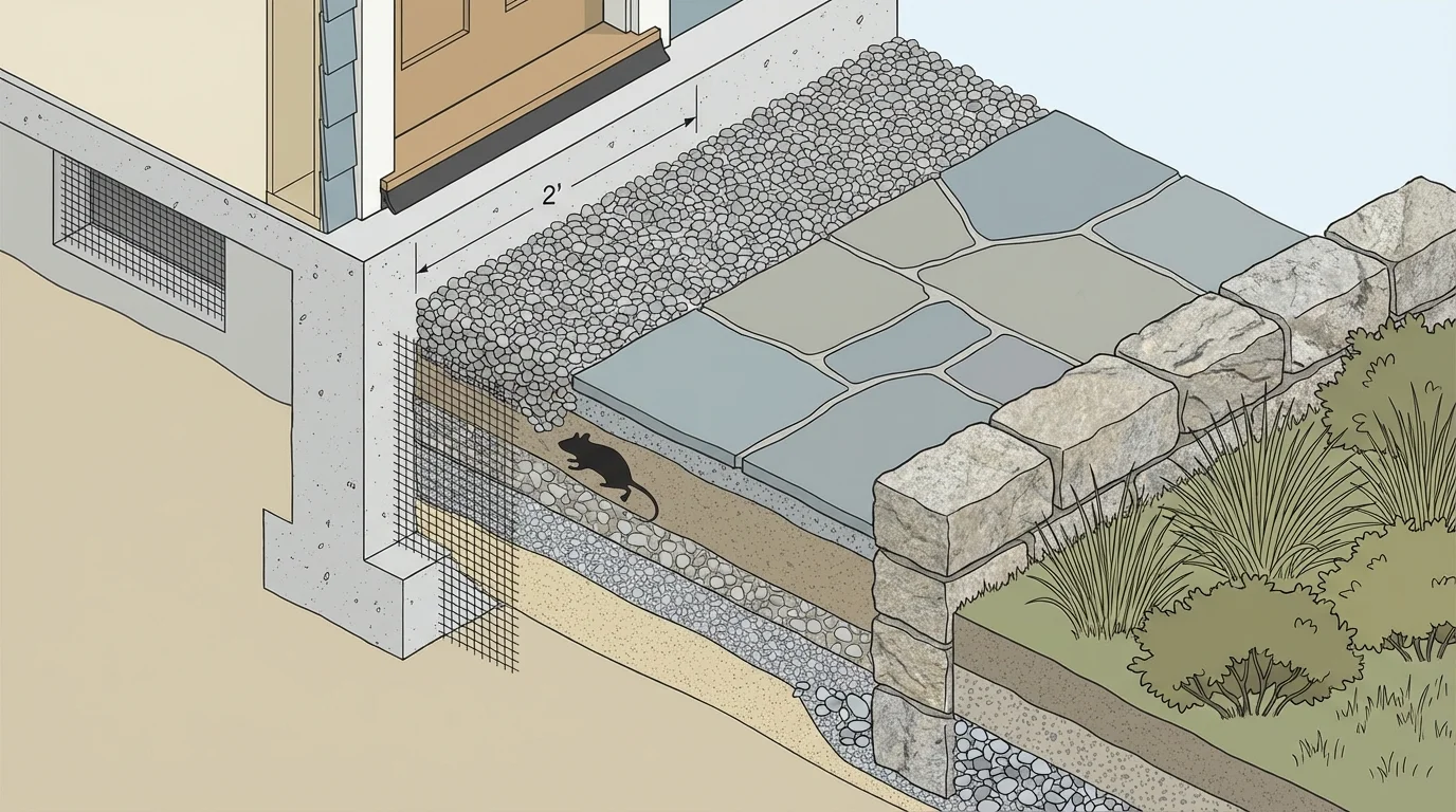 Cutaway diagram of patio, gravel border, sealed vents and foundation details that block mice from entering a home.