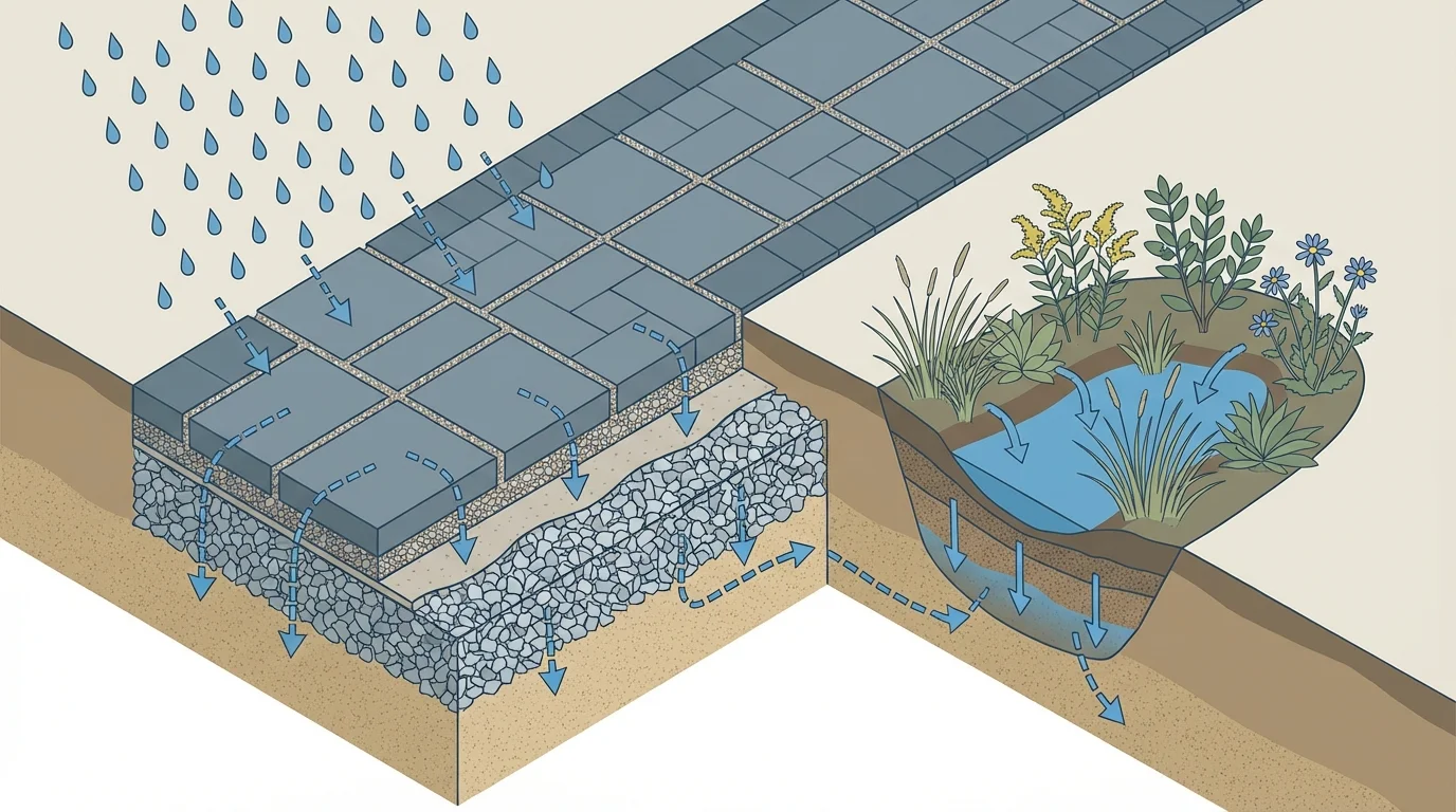 Diagram of stormwater infiltrating permeable pavers into gravel base and draining to a native rain garden basin