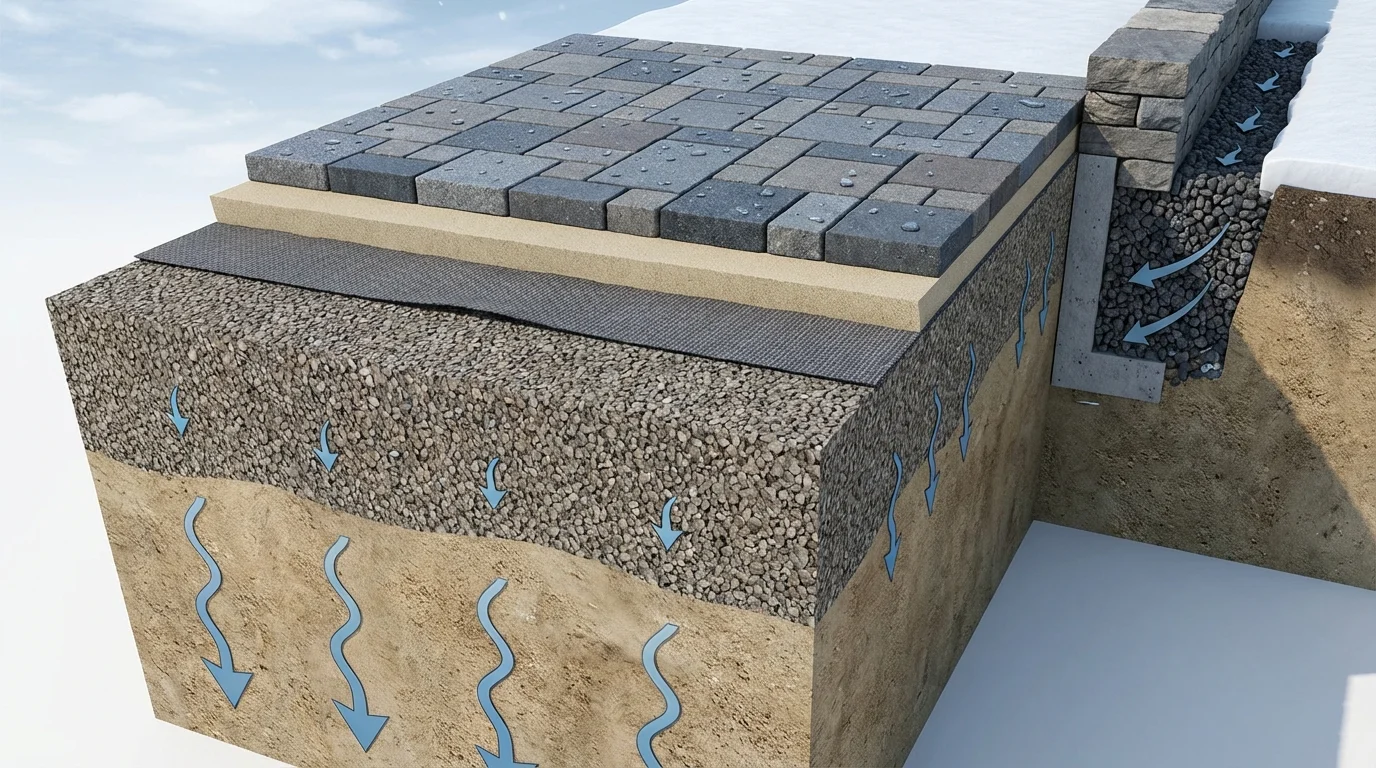 Cutaway diagram of paver patio layers with gravel base, geotextile, drainage, and sandy soil for freeze-thaw protection.
